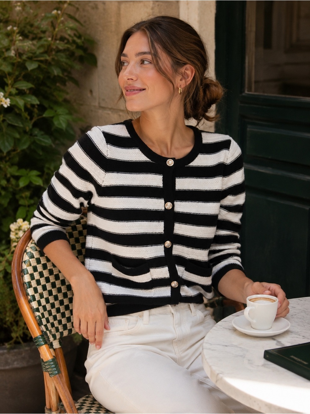 Saks Fifth Avenue Black and White Striped Knit Cardigan